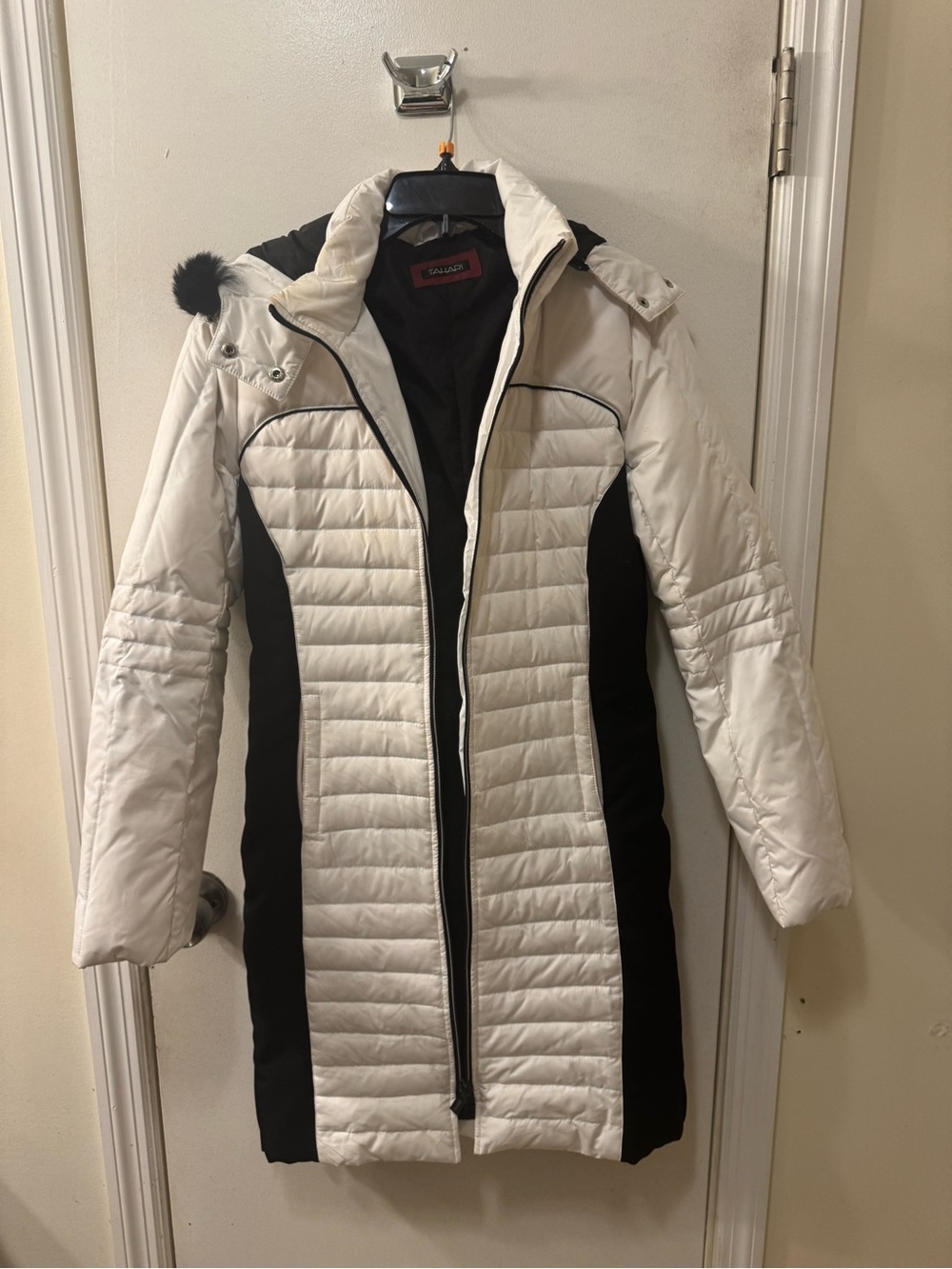 Tahari White and Black Quilted Ski Jacket with Hood and Pom